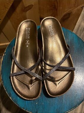 Italian Shoemakers Bronze Metallic Slide Sandals with Dark Glitter Straps